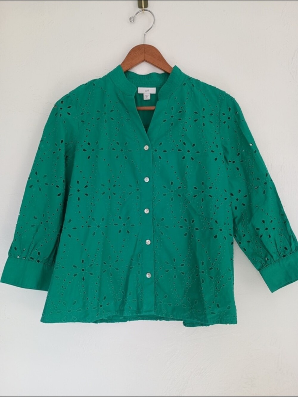J. Jill 100% Cotton Eyelet Button-Front Top Mandarin Collar Blouse - Picture 2 of 10